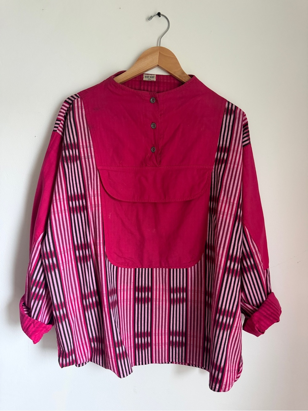 VIntage NAF NAF Hot Pink and Black Cotton Striped Pullover Anorak Shirt